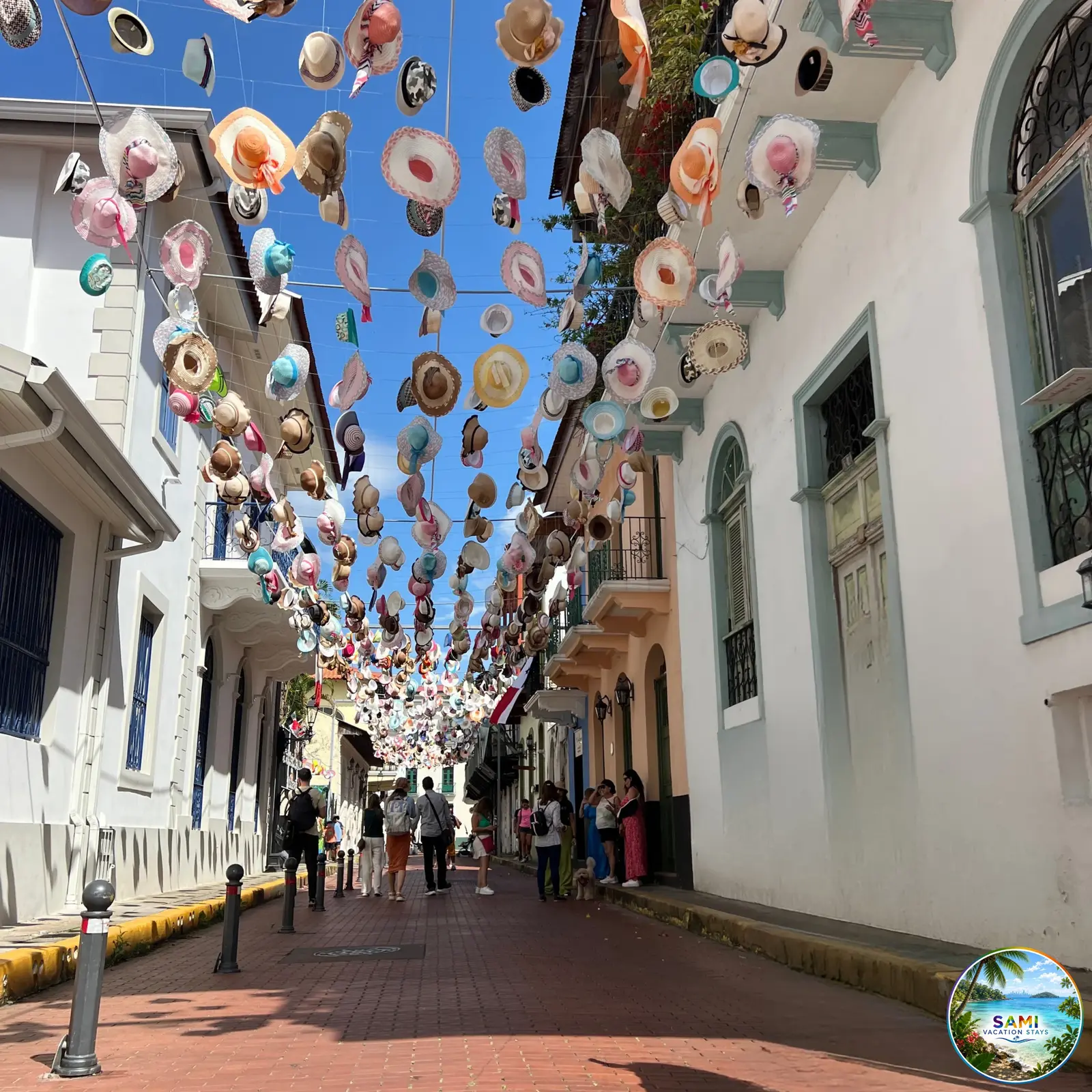 Colorful hanging hats on a street in Casco Viejo