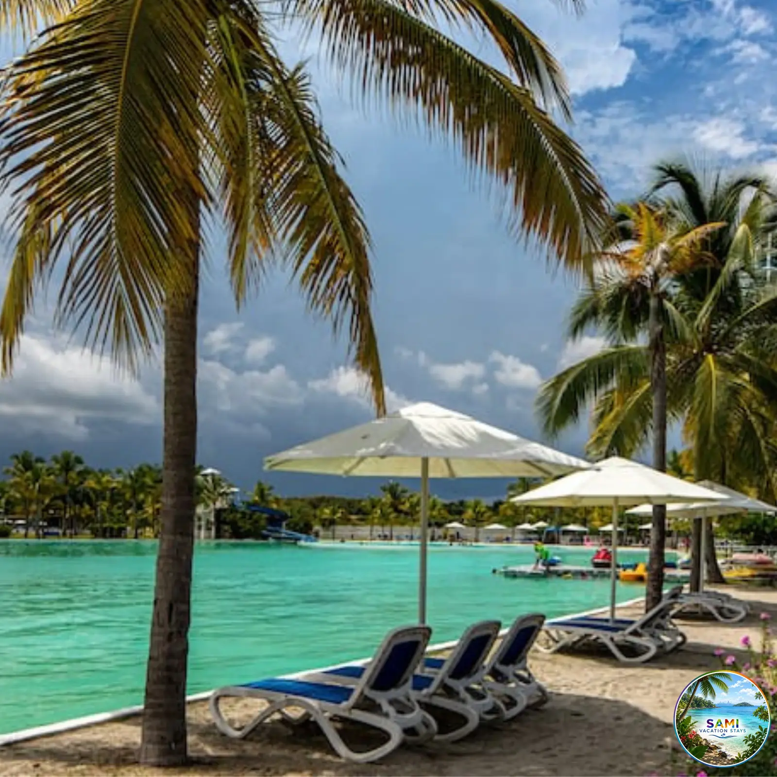 Resort lagoon pool with umbrellas