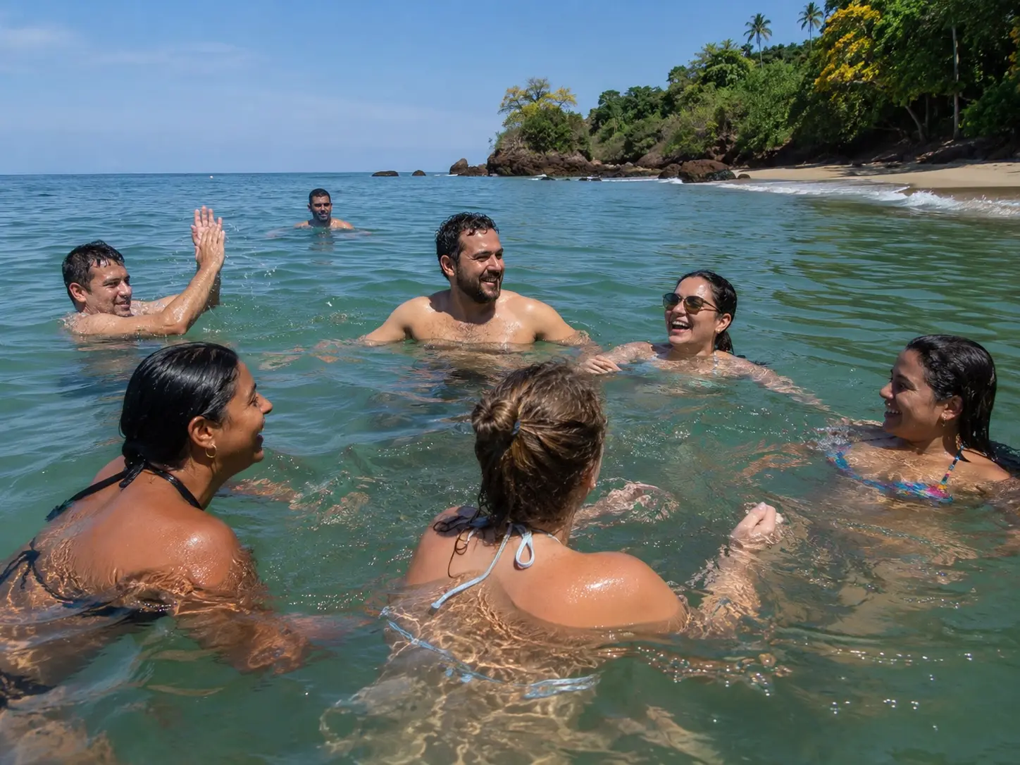 A group of friends and family swimming and relaxing together in a pool on a Panama vacation