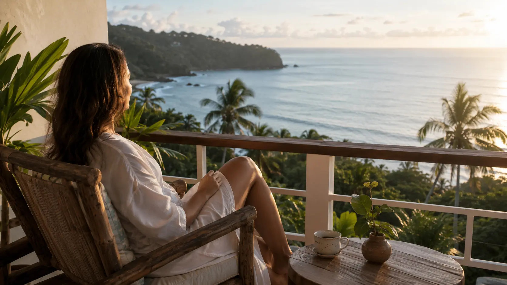 A guest stepping onto a balcony to catch the early morning light over the Panama beach