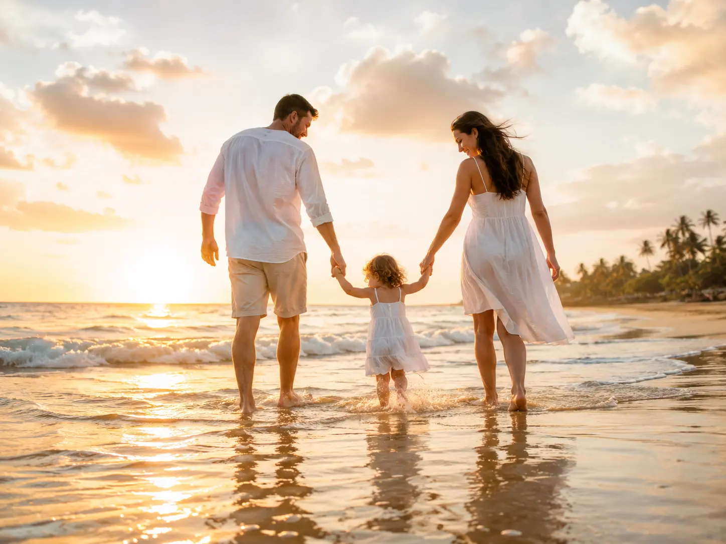 A family walking together along the water on a Panama beach