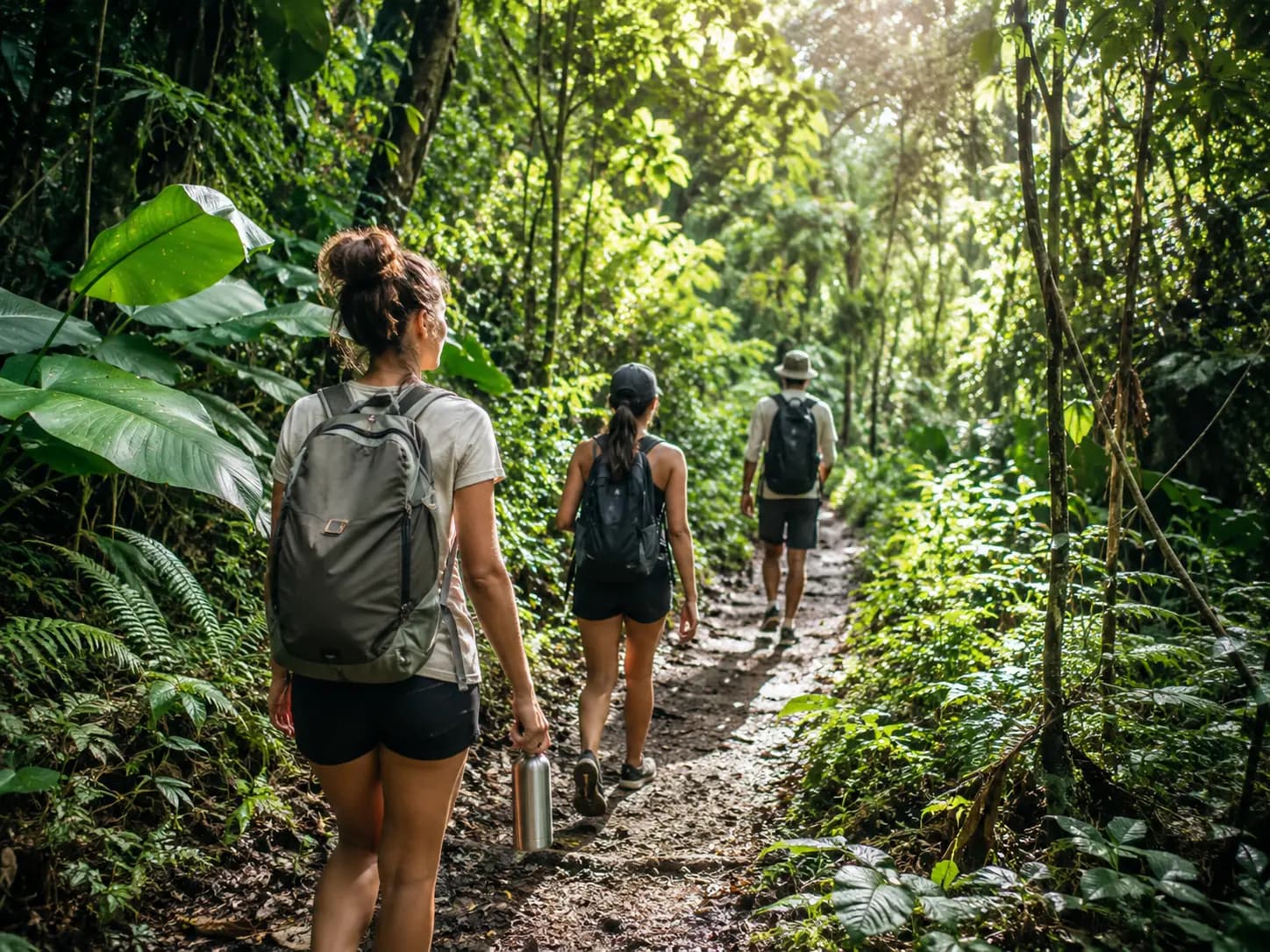 Three travelers walking single file along a marked jungle trail in Panama