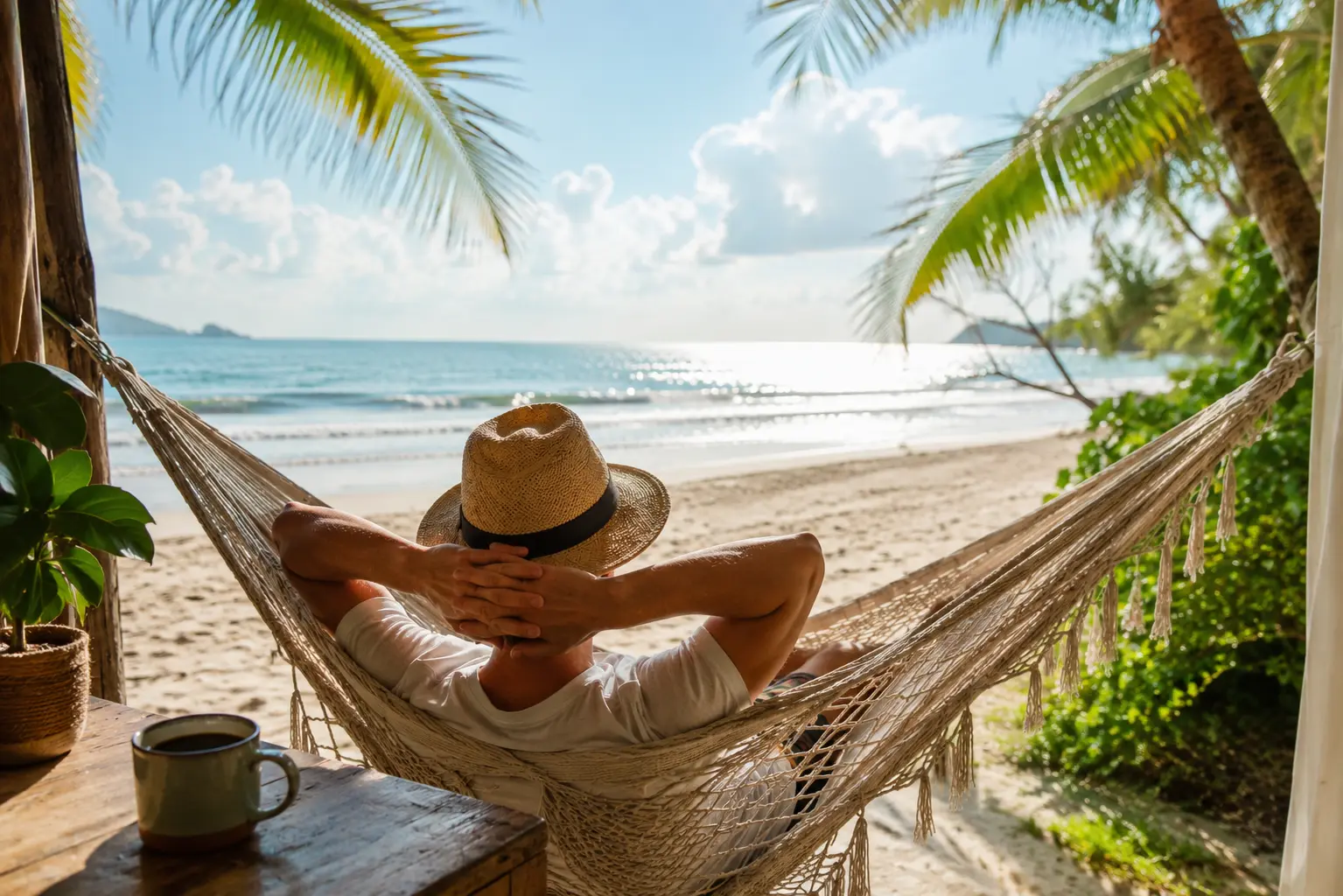 A traveler relaxing in a hammock with coffee, looking out over the sea in Panama