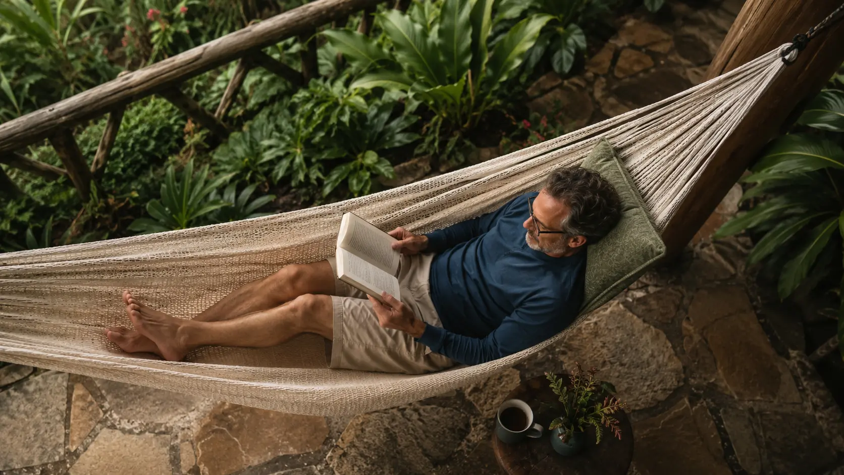 A traveler relaxing in a hammock with a book, phone away, on a calm Panama afternoon